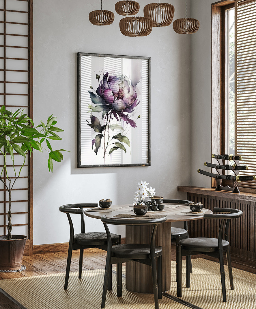 a modern dining room with a wooden table and chairs, a large floral painting on the wall, and a potted plant in the corner.