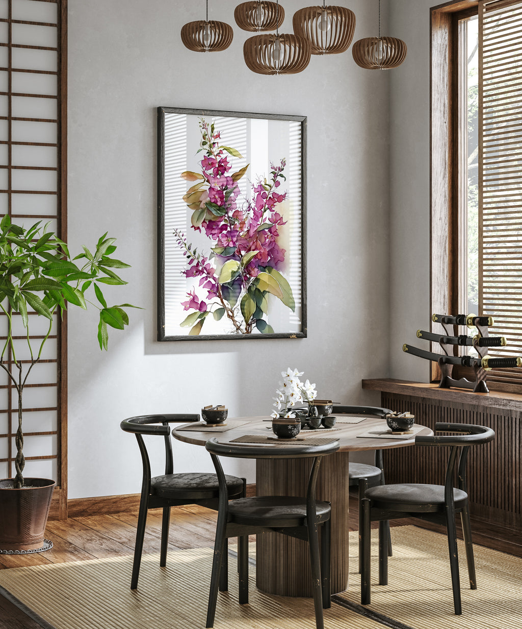 a modern dining room with a round wooden table surrounded by black chairs. A large floral painting hangs on the wall above the table, and a chandelier hangs from the ceiling. The room is decorated with various plants and other decorative elements, creating a cozy and inviting atmosphere.