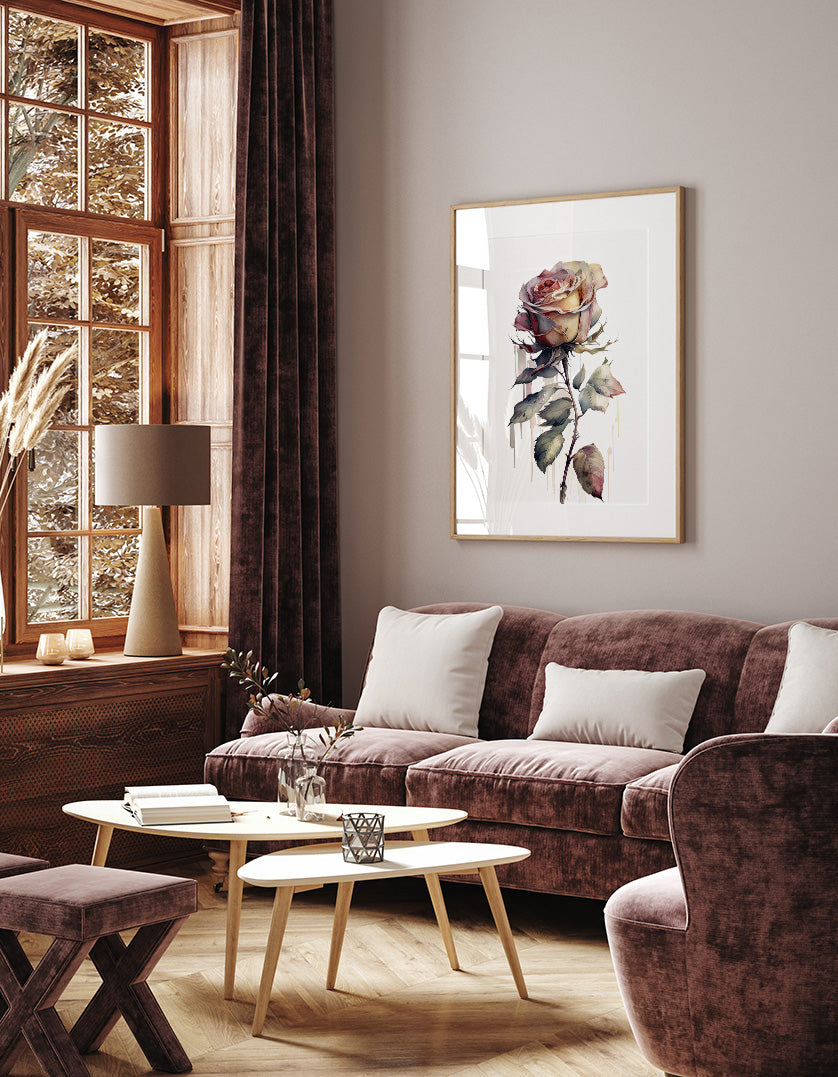 a cozy living room with a large window, a brown sofa, a coffee table, and a framed painting of a rose on the wall.
