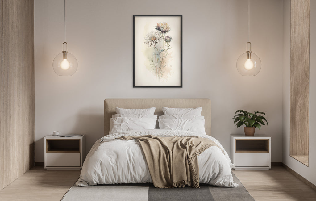 a serene and modern bedroom with a large bed, white bedding, and a framed artwork of flowers hanging above it. The room is illuminated by two pendant lights, creating a warm and inviting atmosphere.