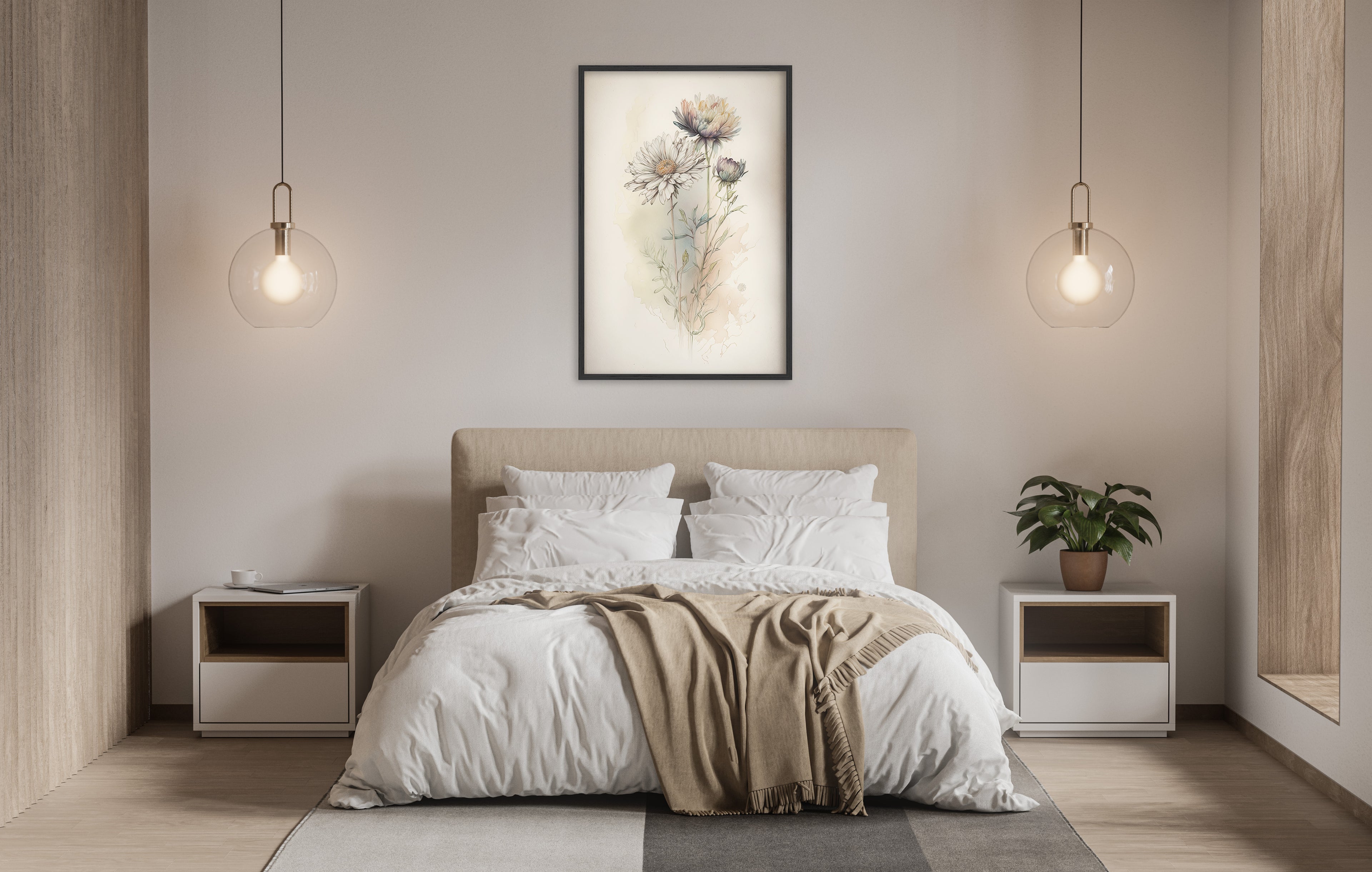 a serene and modern bedroom with a large bed, white bedding, and a framed artwork of flowers hanging above it. The room is illuminated by two pendant lights, creating a warm and inviting atmosphere.