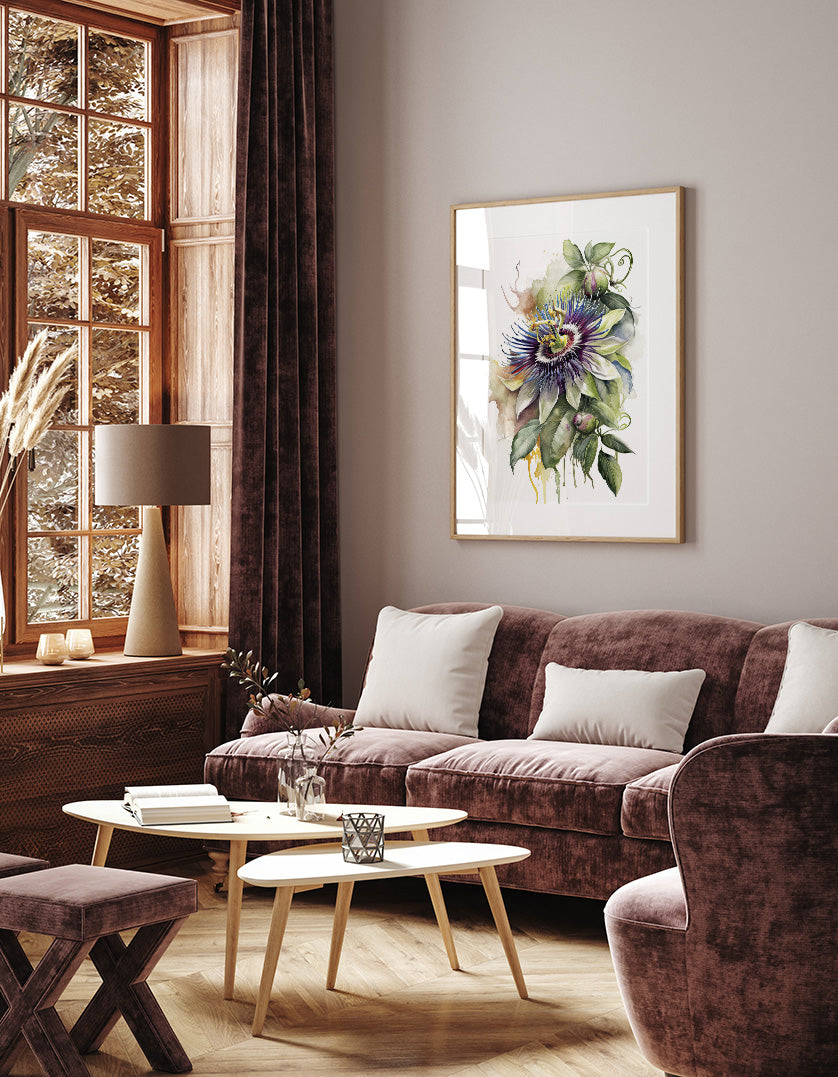 a cozy living room with a large window, a brown sofa, a wooden coffee table, and a framed painting of a colorful flower on the wall.