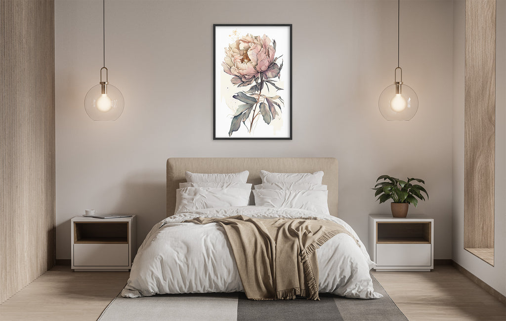 a serene and modern bedroom with a large bed, white bedding, and a framed floral artwork hanging above it. The room is illuminated by two pendant lights, creating a warm and inviting atmosphere.