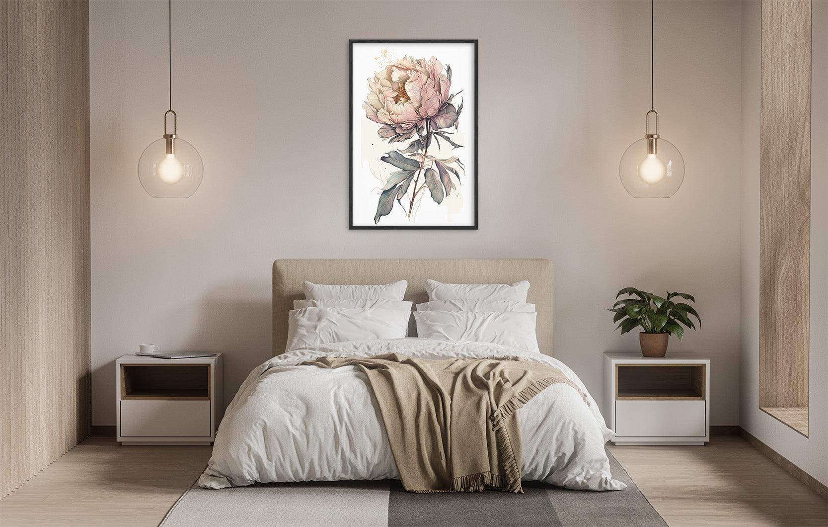 a serene and modern bedroom with a large bed, white bedding, and a framed floral artwork hanging above it. The room is illuminated by two pendant lights, creating a warm and inviting atmosphere.