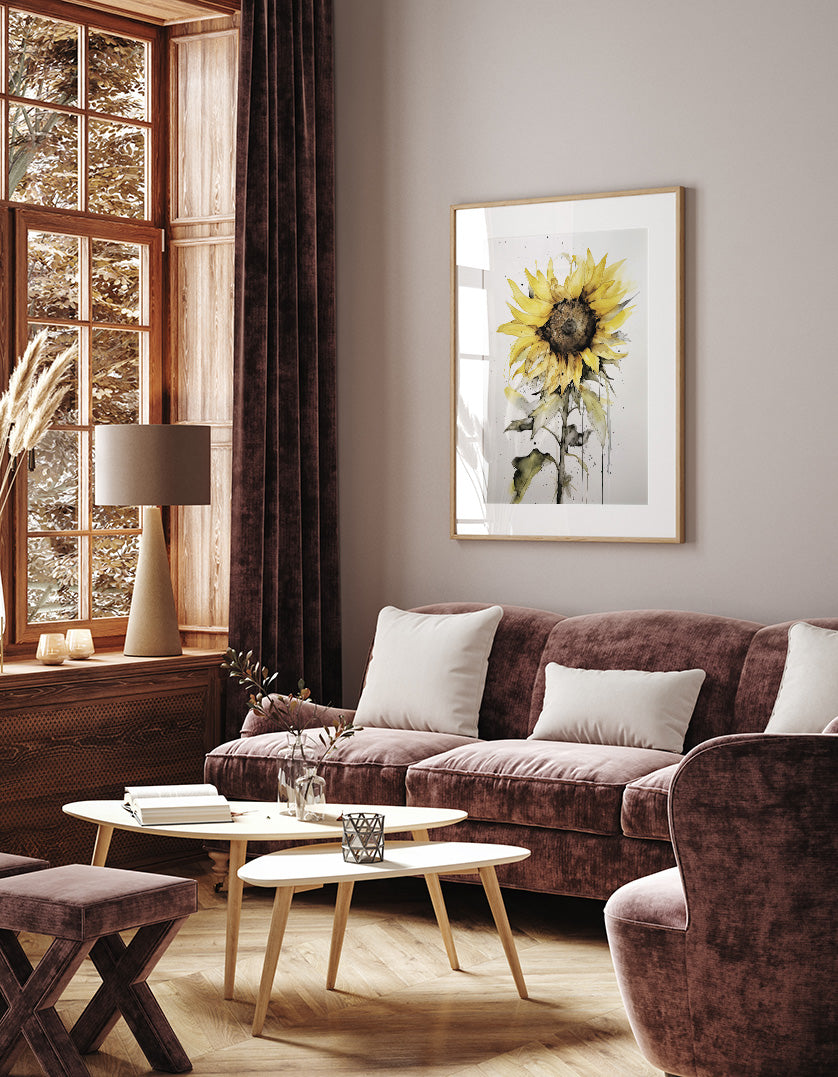a cozy living room with a large window, a brown sofa, a coffee table, and a framed painting of a sunflower on the wall.