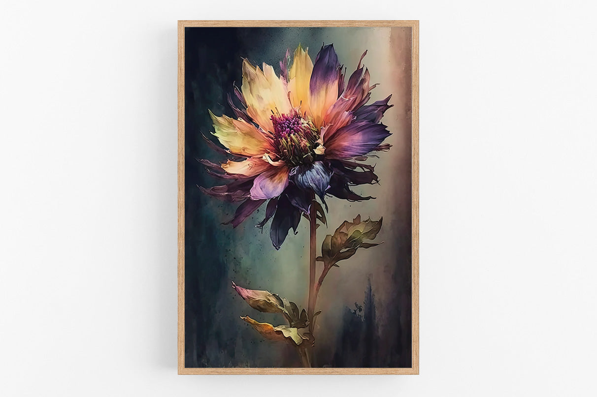 The image is a vibrant and colorful painting of a flower, with a large, multi-colored bloom in the center. The background is a dark, moody color, which contrasts with the bright and lively flower. The painting is framed and appears to be a piece of art, showcasing the artist's skill and creativity in capturing the beauty of the flower.