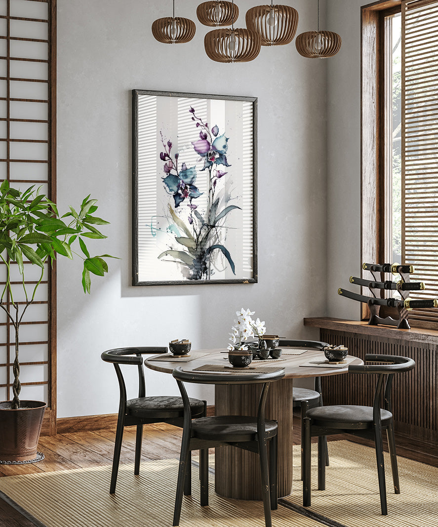 a modern dining room with a wooden table and chairs, a large floral painting on the wall, and a potted plant on the left side.