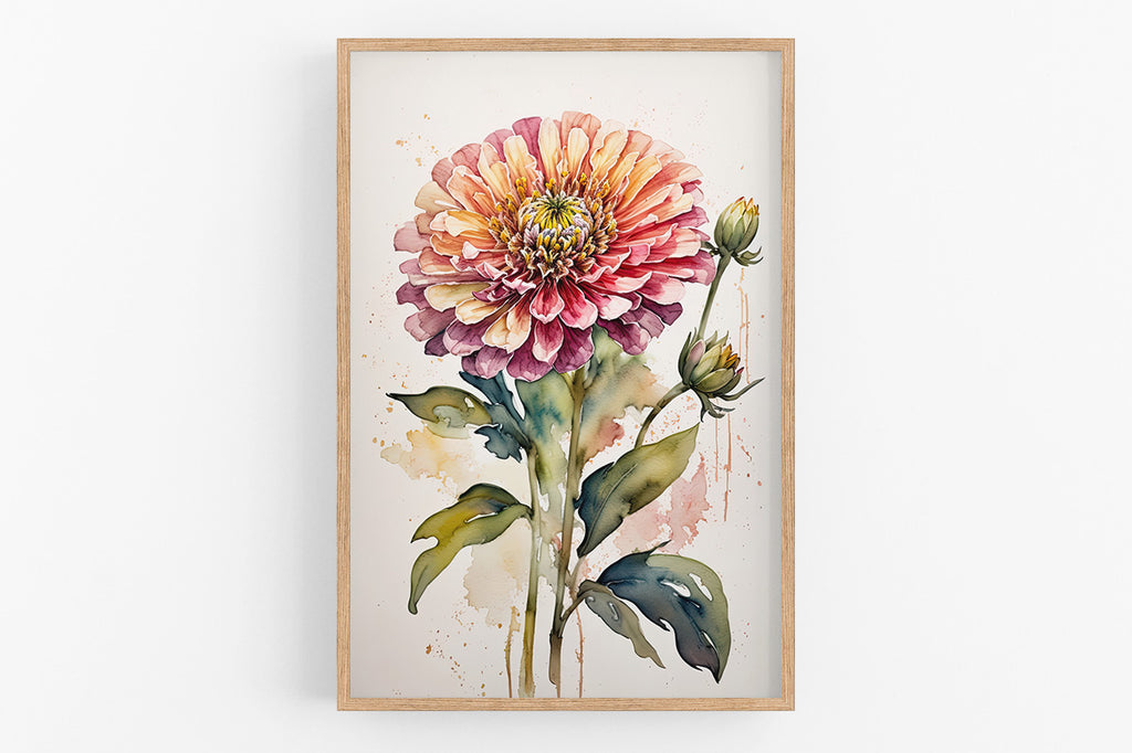 The image is a framed watercolor painting depicting a large, vibrant flower with multiple layers of petals in shades of pink, yellow, and orange.