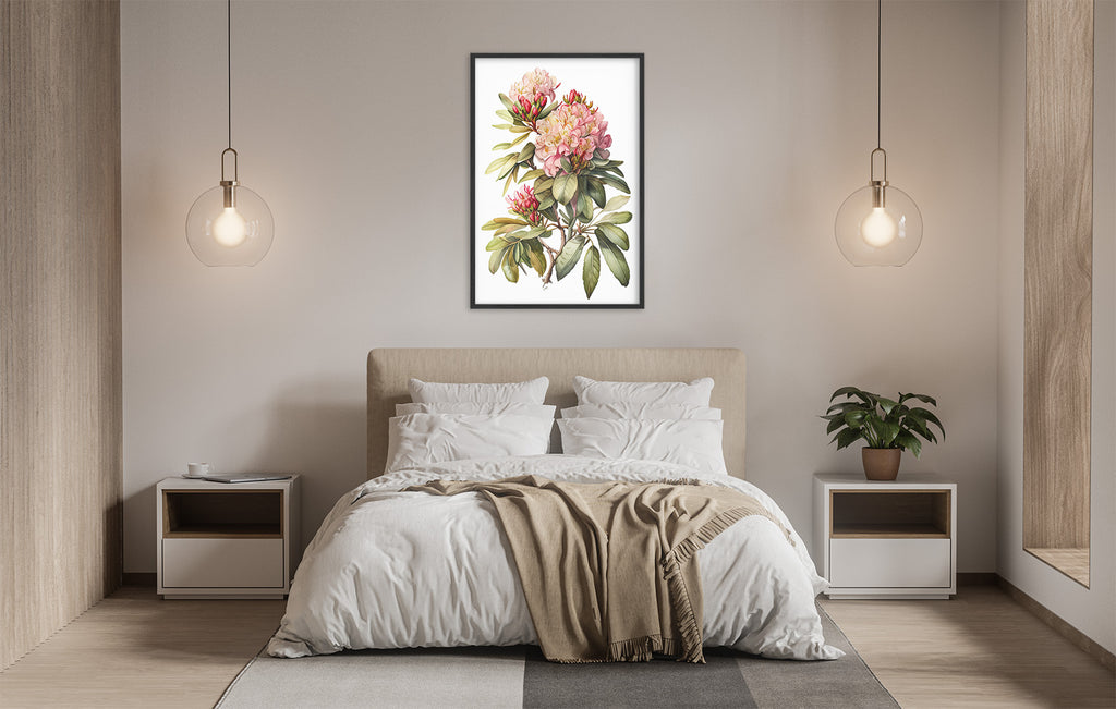 a serene and modern bedroom with a large bed, white bedding, and a framed painting of a pink flower hanging above it. The room is illuminated by two pendant lights, creating a warm and inviting atmosphere.