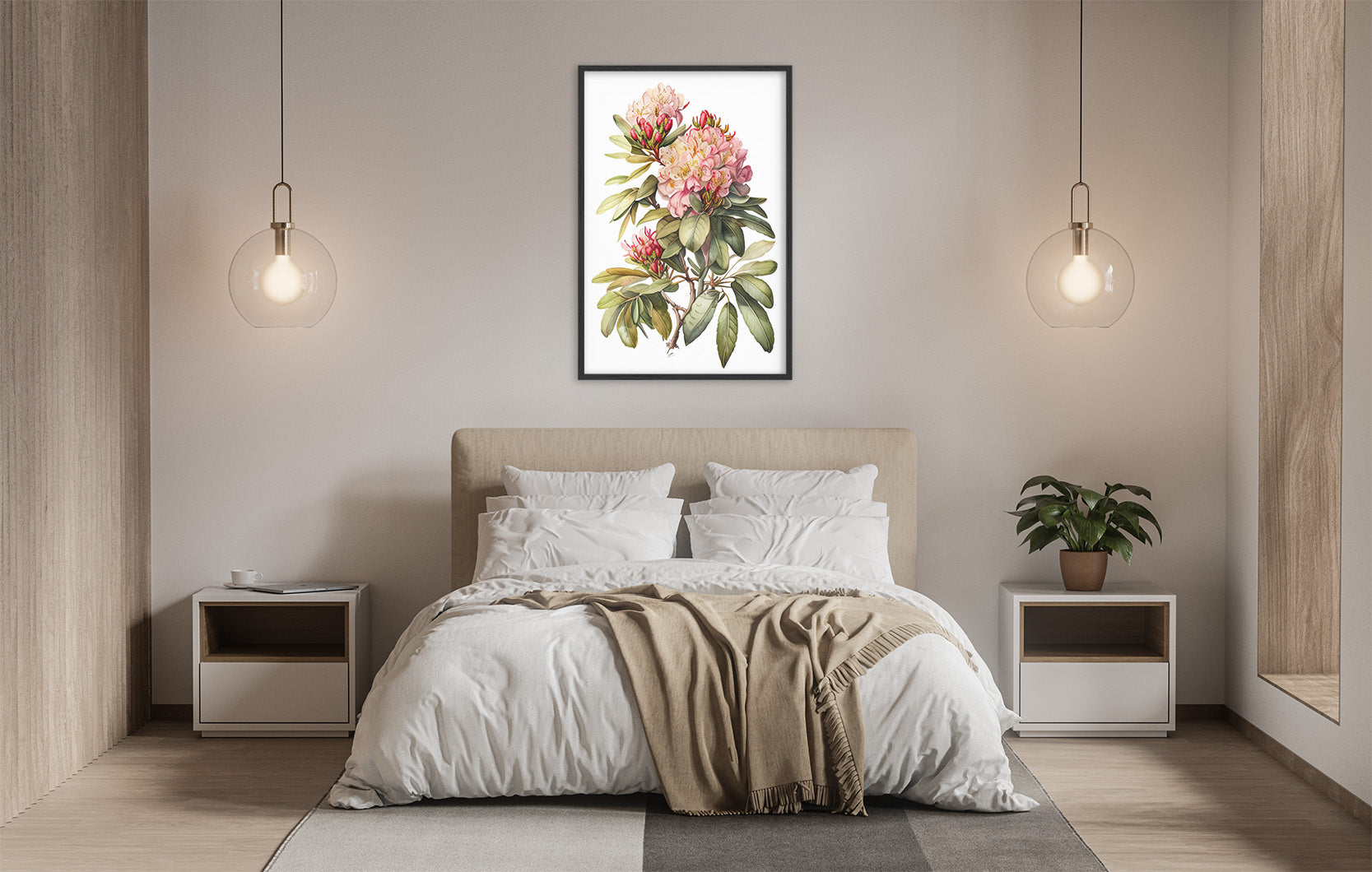a serene and modern bedroom with a large bed, white bedding, and a framed painting of a pink flower hanging above it. The room is illuminated by two pendant lights, creating a warm and inviting atmosphere.