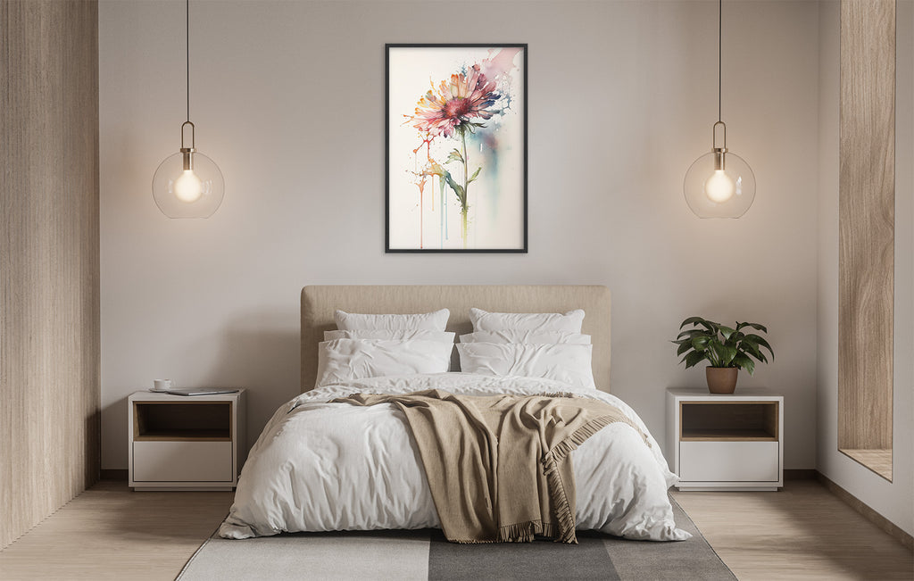 a serene and modern bedroom with a large bed, white bedding, and a framed painting of a flower hanging above it. The room is illuminated by two pendant lights, creating a warm and inviting atmosphere.
