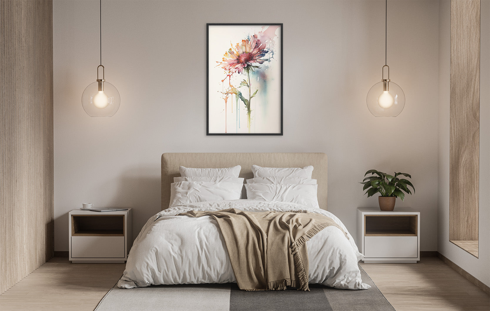 a serene and modern bedroom with a large bed, white bedding, and a framed painting of a flower hanging above it. The room is illuminated by two pendant lights, creating a warm and inviting atmosphere.