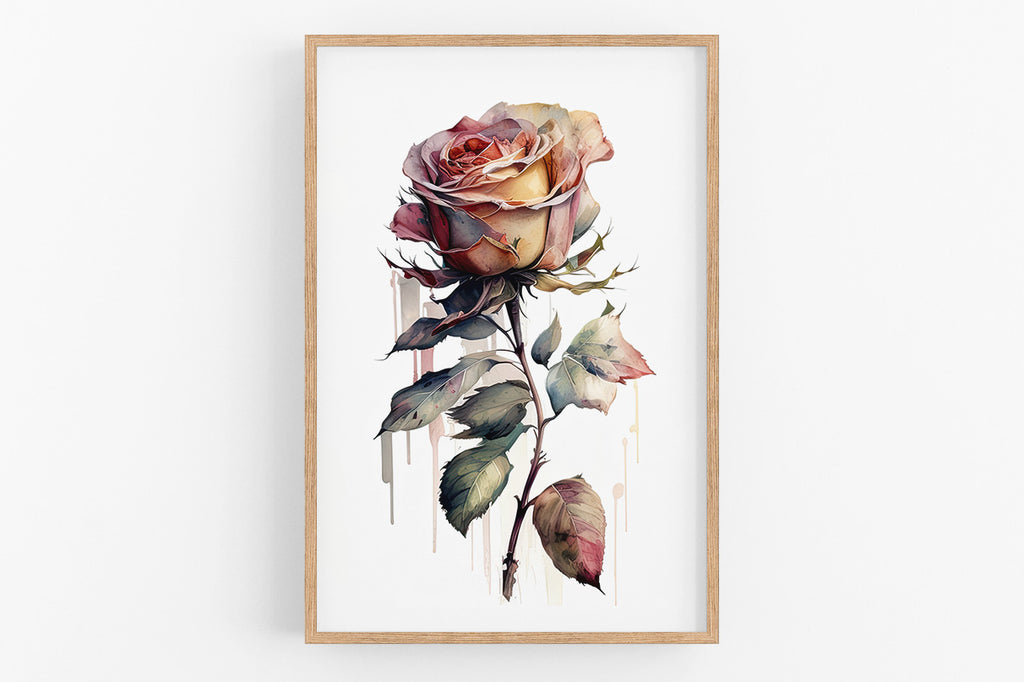A framed watercolor painting depicting a vibrant, multi-colored rose with delicate petals and lush green leaves.