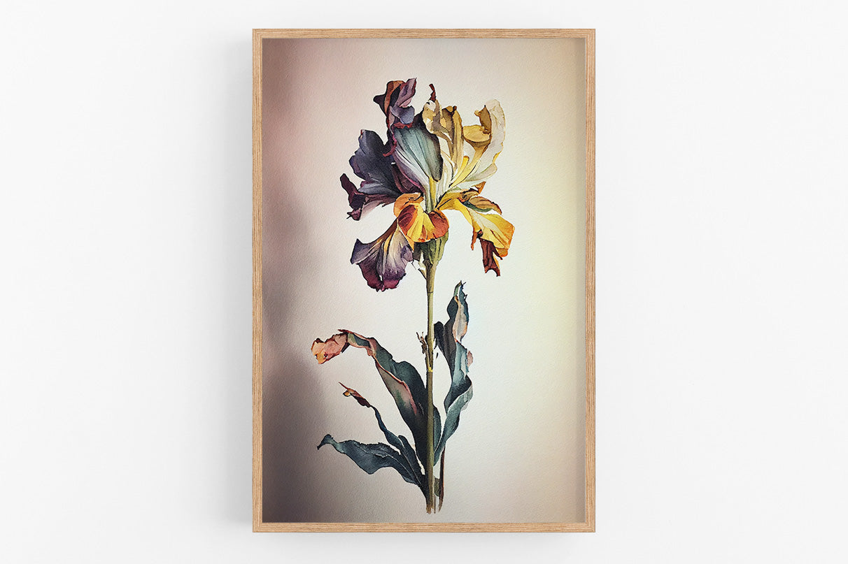 A framed painting of a vibrant, multi-colored flower with intricate petals and leaves.