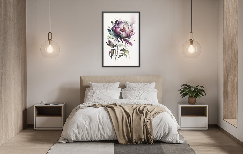 a serene and modern bedroom with a large bed, white bedding, and a framed floral artwork hanging above it. The room is illuminated by two pendant lights, creating a warm and inviting atmosphere.