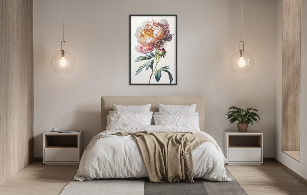 a serene and modern bedroom with a large bed, white bedding, and a framed painting of a flower hanging above it. The room is illuminated by two pendant lights, creating a warm and inviting atmosphere.