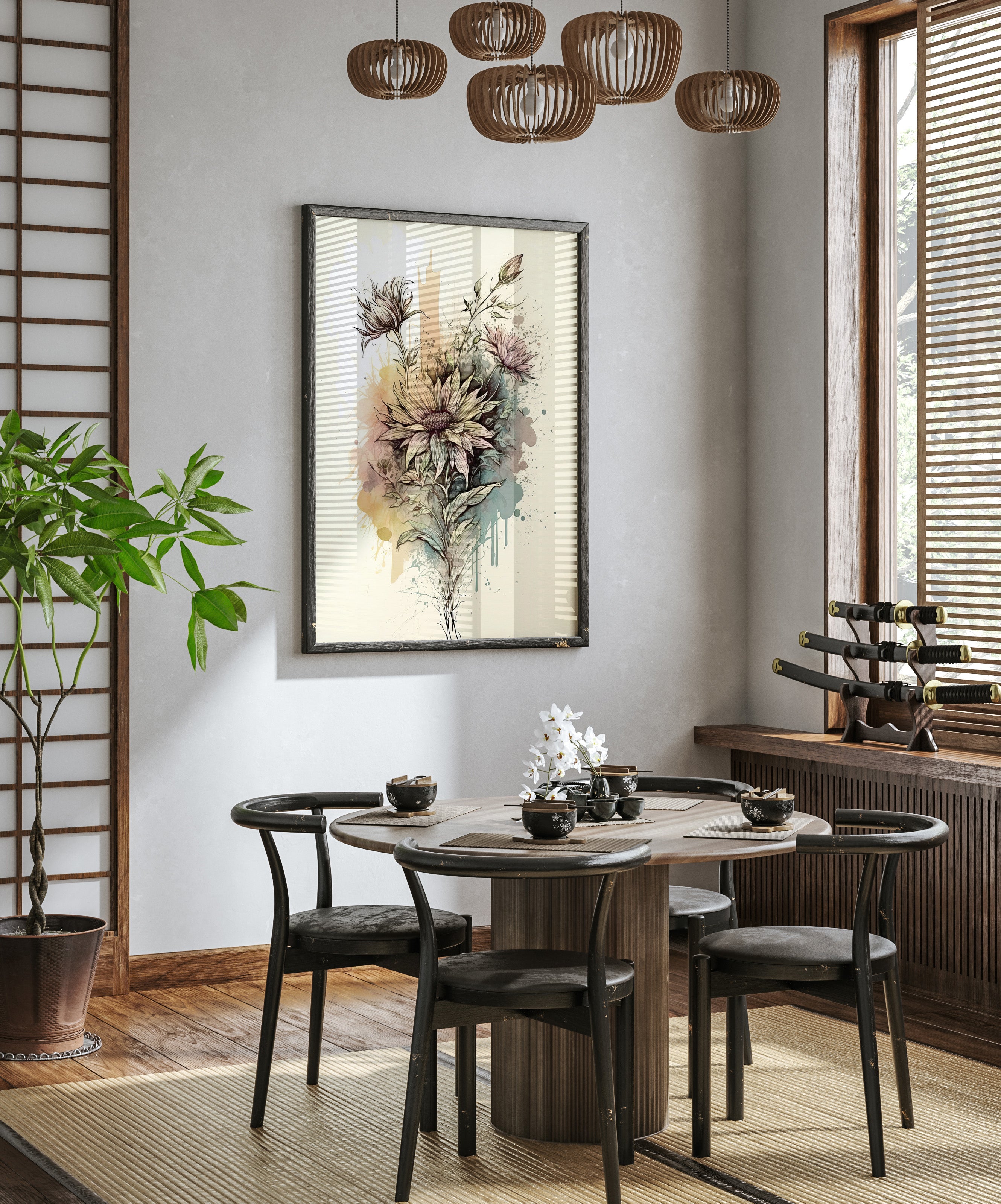 a modern dining room with a round wooden table surrounded by black chairs. A large floral painting hangs on the wall above the table, and a chandelier hangs from the ceiling. The room is decorated with a potted plant, a vase, and a wine rack, creating a stylish and inviting atmosphere.