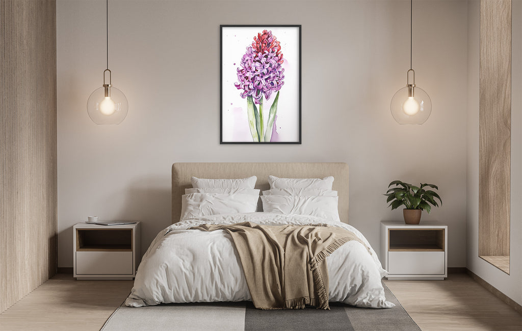 a serene and modern bedroom with a large bed, white bedding, and a framed painting of a purple flower hanging above it. The room is illuminated by two pendant lights, creating a warm and inviting atmosphere.
