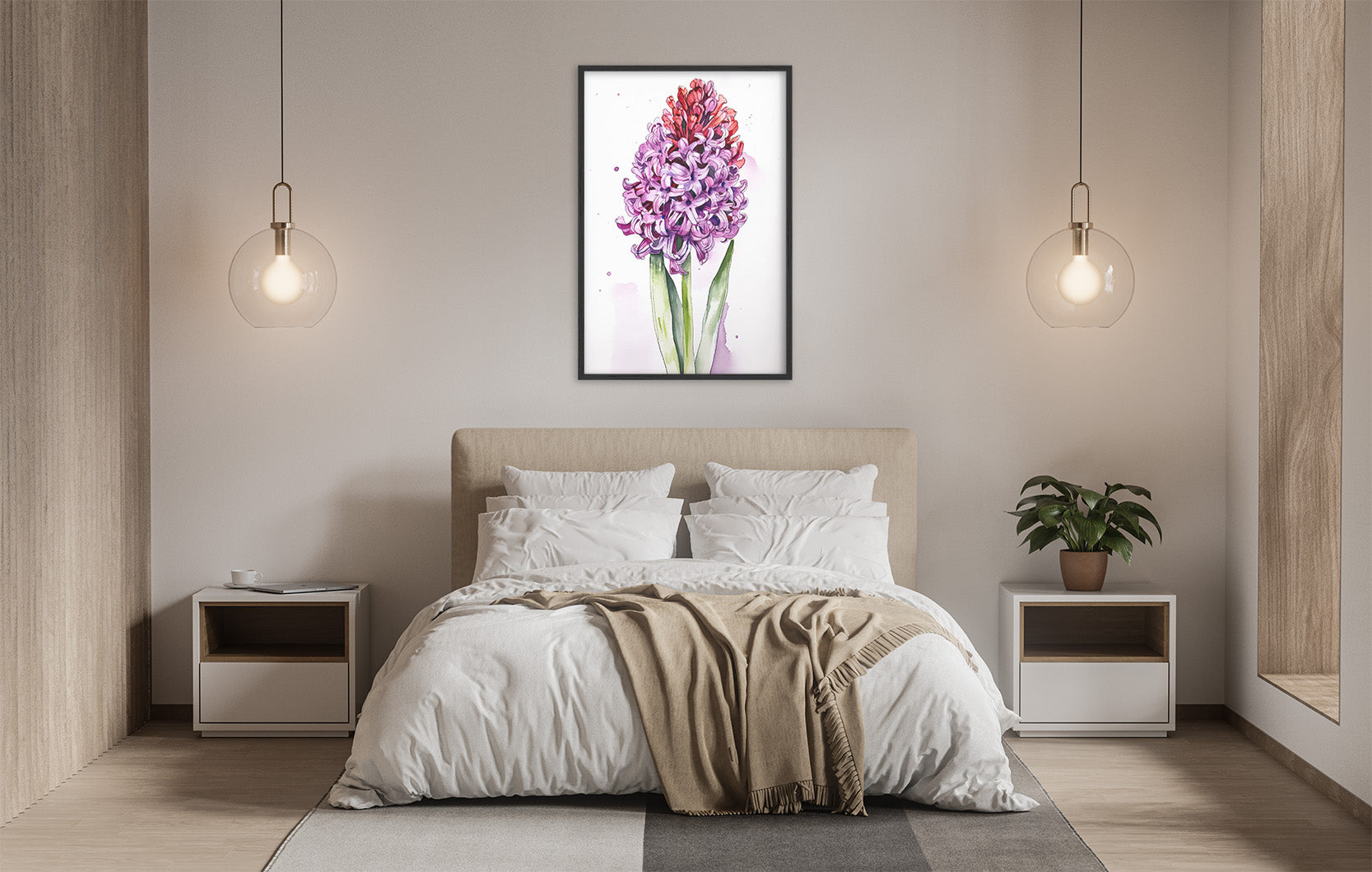 a serene and modern bedroom with a large bed, white bedding, and a framed painting of a purple flower hanging above it. The room is illuminated by two pendant lights, creating a warm and inviting atmosphere.