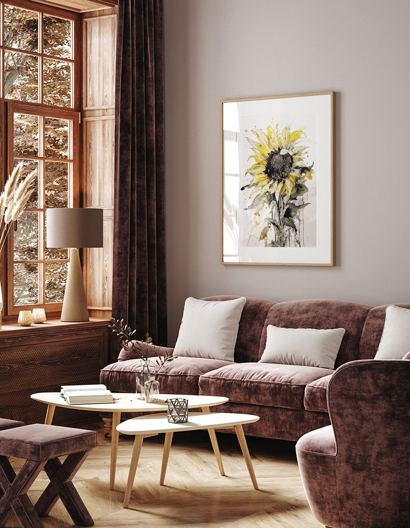 a cozy living room with a large window, a brown sofa, a coffee table, and a framed painting of a sunflower on the wall.