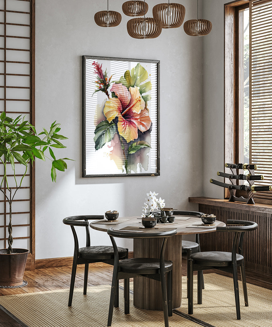 a modern dining room with a round wooden table surrounded by black chairs. A large painting of a colorful flower hangs on the wall above the table. The room is decorated with potted plants and other decorative elements, creating a cozy and inviting atmosphere.