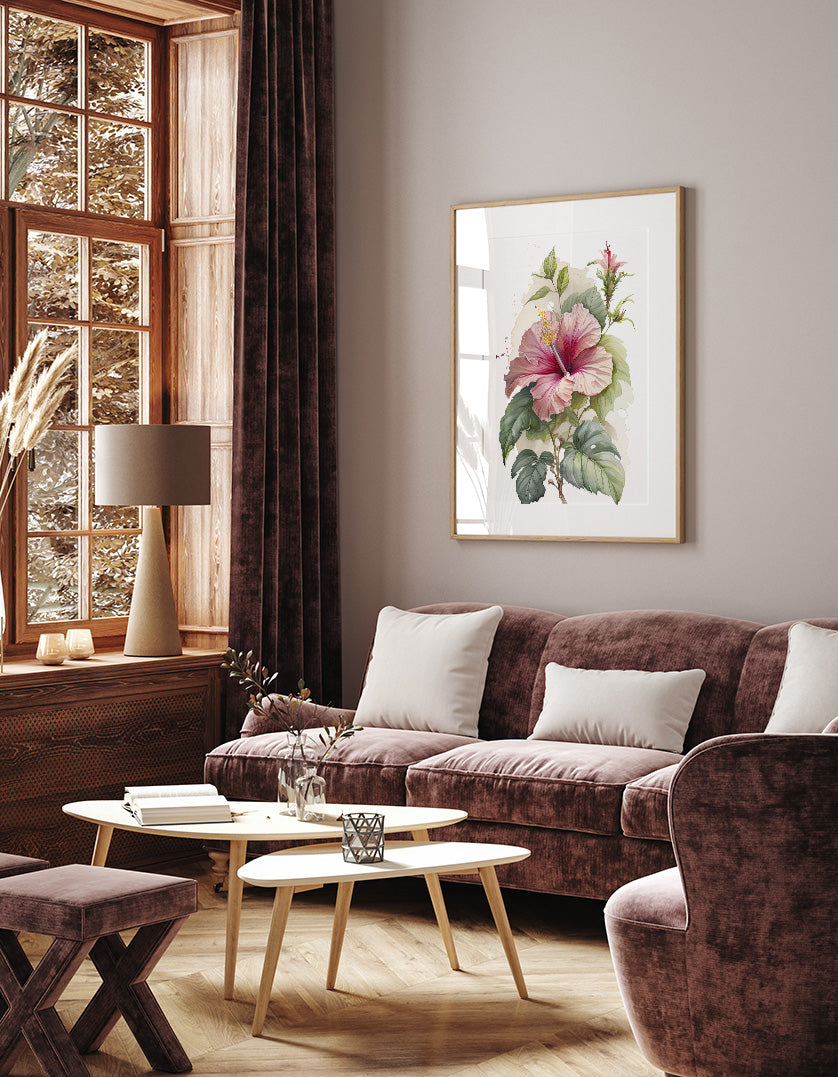 a cozy living room with a large window, a floral painting on the wall, a brown sofa, a wooden coffee table, and a lamp.