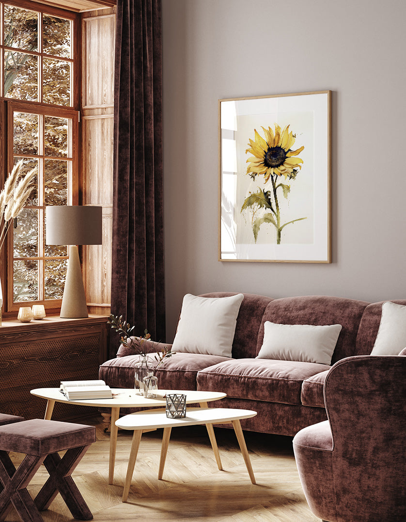 a cozy living room with a large window, a brown sofa, a wooden coffee table, and a framed picture of a sunflower on the wall.