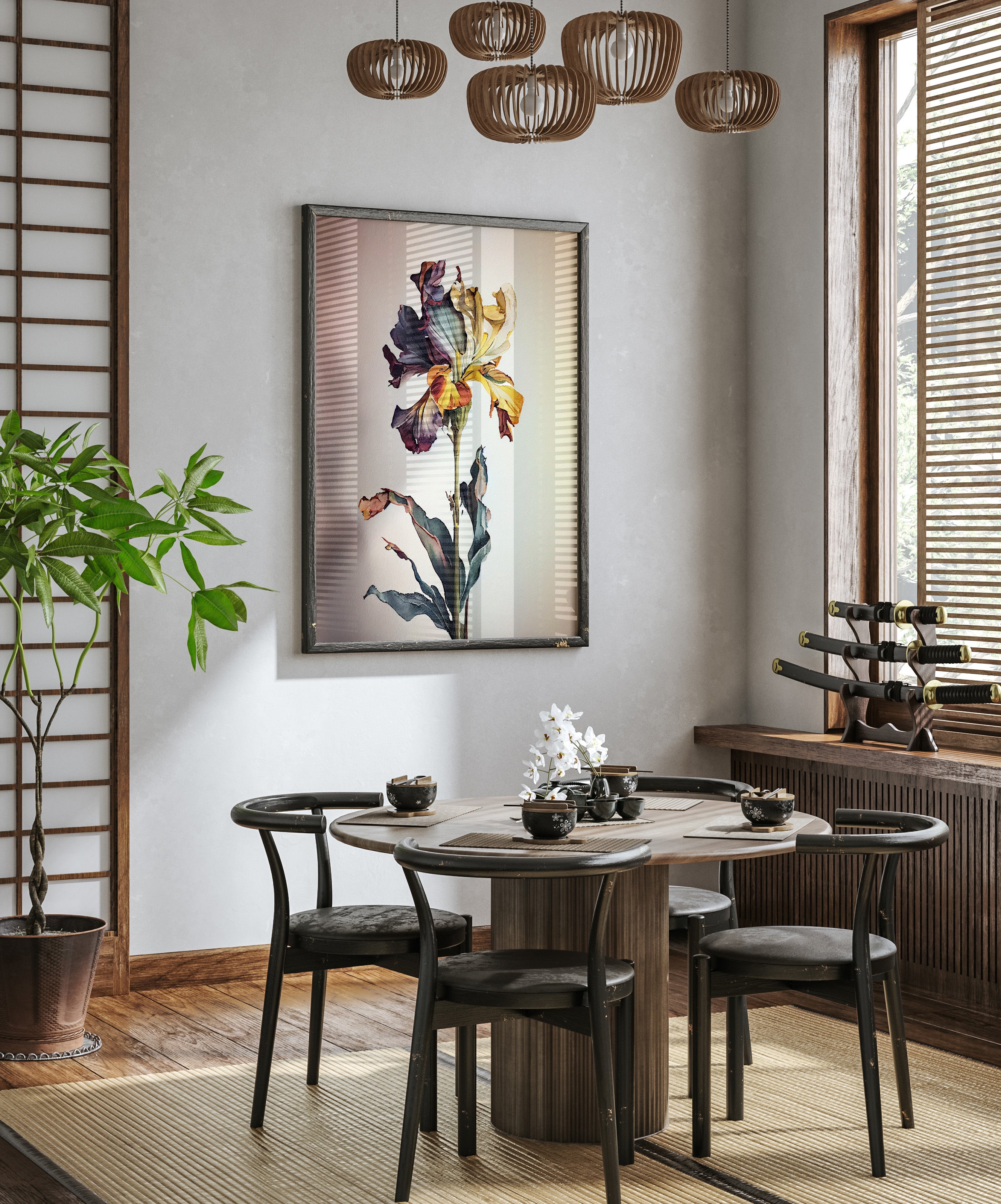 a modern dining room with a round wooden table, four black chairs, and a large window with wooden blinds. A framed artwork of a colorful flower is hanging on the wall above the table, and a potted plant is placed on the floor next to the table.