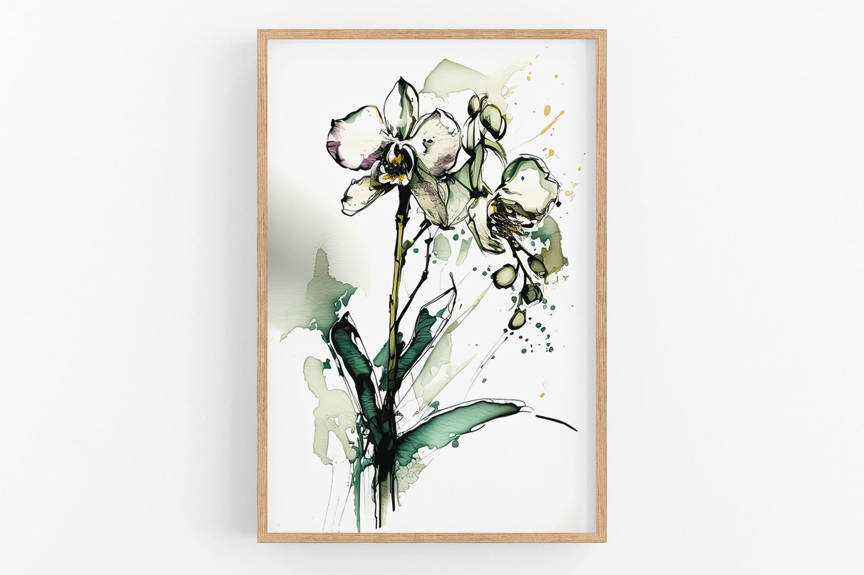 The image is a framed print depicting a stylized orchid flower with green leaves and stems.