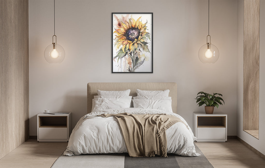 a serene and modern bedroom with a large bed, white bedding, and a framed watercolor painting of a sunflower hanging above it. The room is illuminated by two pendant lights, creating a warm and inviting atmosphere.