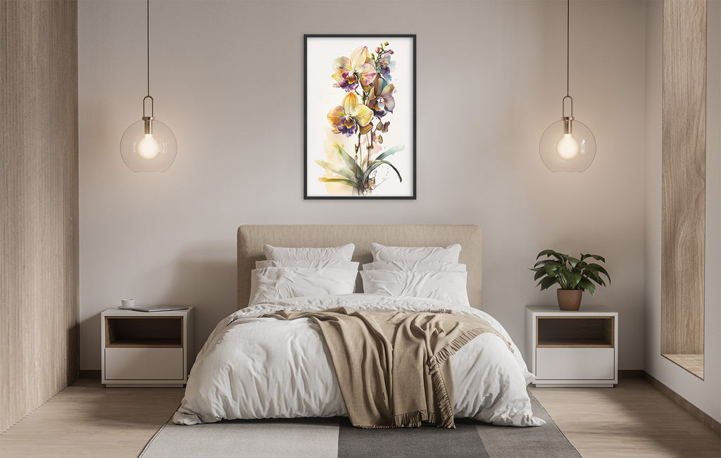 a serene and modern bedroom with a large bed, white bedding, and a framed painting of flowers hanging above it. The room is illuminated by two pendant lights, creating a warm and inviting atmosphere.