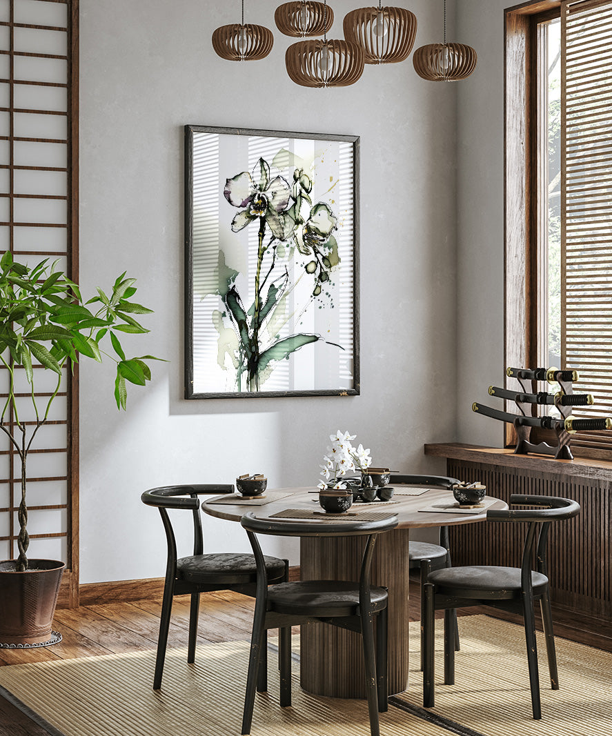 a modern dining room with a wooden table and chairs, a large potted plant, and a framed artwork featuring a floral design on the wall.