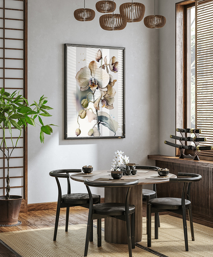 a modern dining room with a round wooden table surrounded by black chairs. A large floral painting hangs on the wall above the table, and a chandelier hangs from the ceiling. The room is decorated with a potted plant, a vase of flowers, and a set of wine glasses.