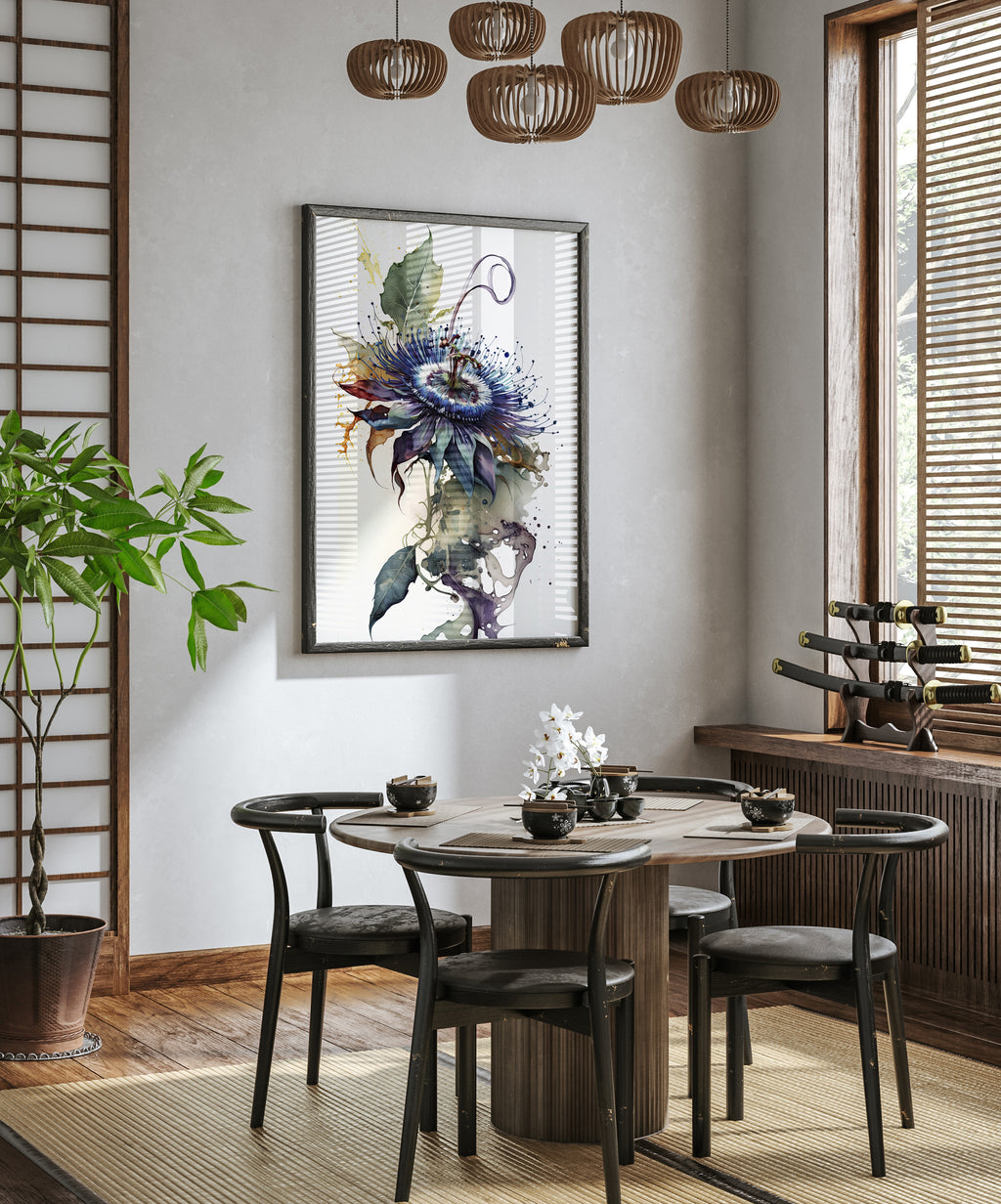 a modern dining room with a round wooden table surrounded by black chairs. A large, colorful painting of a flower hangs on the wall above the table. The room is decorated with wooden furniture, including a wooden cabinet and a wooden shelf. A potted plant is placed on the floor, and a chandelier hangs from the ceiling.