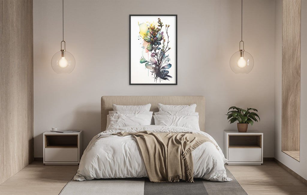 a serene and modern bedroom with a large bed, white bedding, and a framed artwork of a colorful floral design hanging above it. The room is illuminated by two pendant lights, creating a warm and inviting atmosphere.