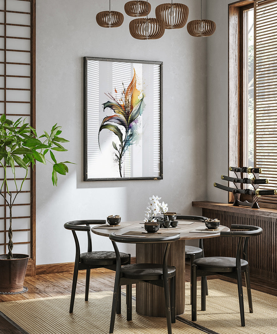 a modern dining room with a round wooden table surrounded by black chairs. A large abstract painting of a flower hangs on the wall above the table, and a potted plant is placed on the floor next to the table. The room has a minimalist and contemporary design, with a wooden floor and a large window providing natural light.
