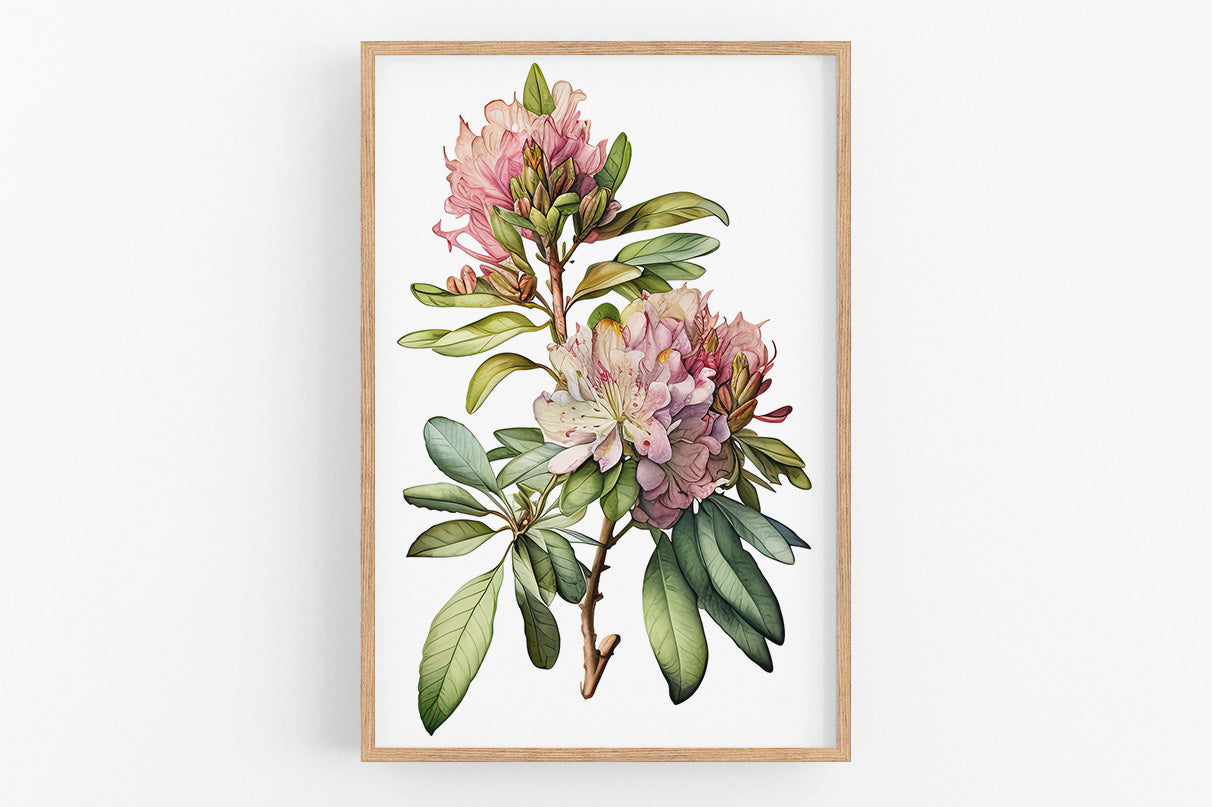 A framed print depicting a close-up of a pink flower with green leaves.