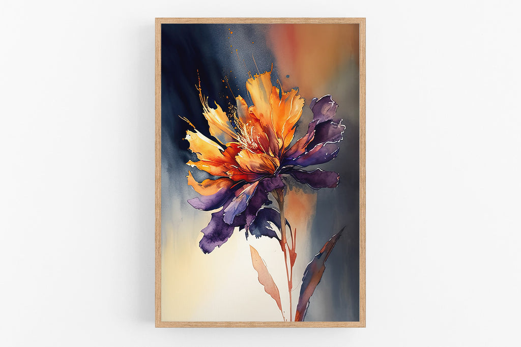 The image is a vibrant and colorful painting of a flower, with a mix of orange, purple, and yellow hues. The flower is the central focus of the artwork, surrounded by a dynamic and energetic background.