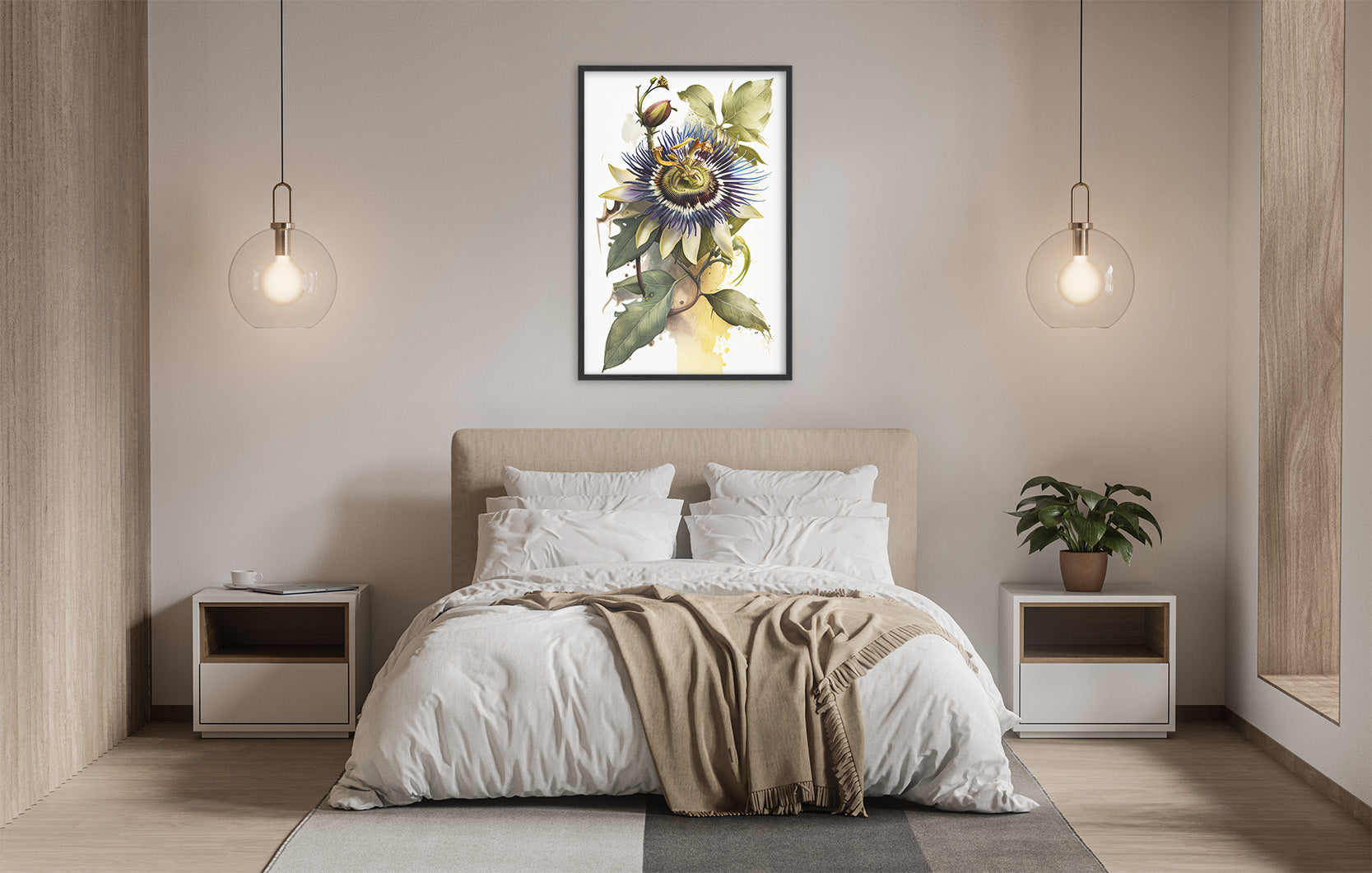 a serene and modern bedroom with a large bed, white bedding, and a framed painting of a flower hanging above it. The room is illuminated by two pendant lights, creating a warm and inviting atmosphere.