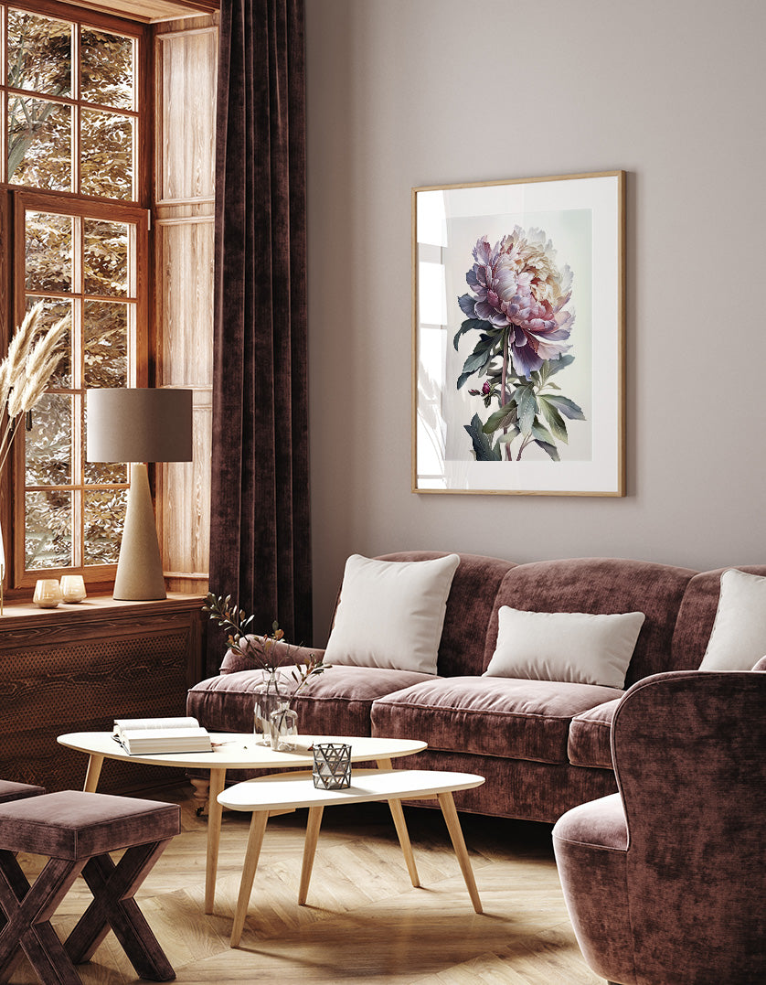 a cozy living room with a large window, a brown sofa, a wooden coffee table, and a framed painting of a flower on the wall.