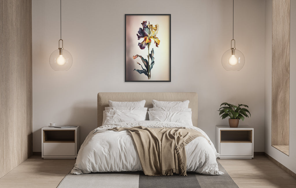 a serene and modern bedroom with a large bed, white bedding, and a framed artwork of a colorful flower hanging above it. The room is illuminated by two pendant lights, creating a warm and inviting atmosphere.