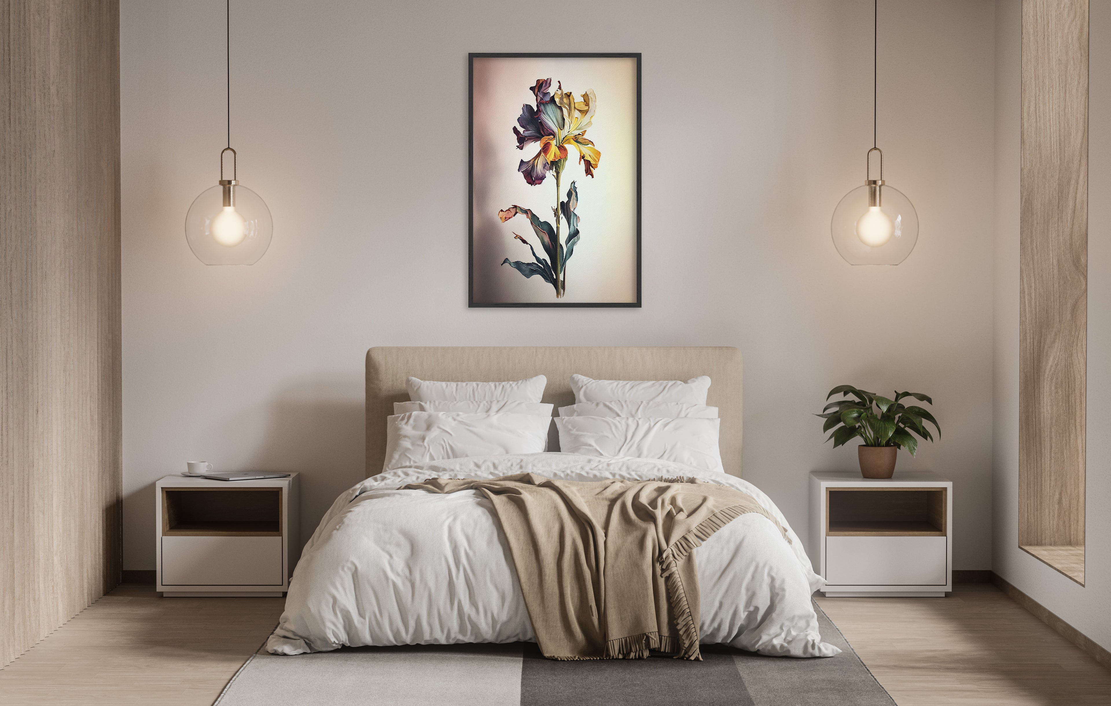a serene and modern bedroom with a large bed, white bedding, and a framed artwork of a colorful flower hanging above it. The room is illuminated by two pendant lights, creating a warm and inviting atmosphere.