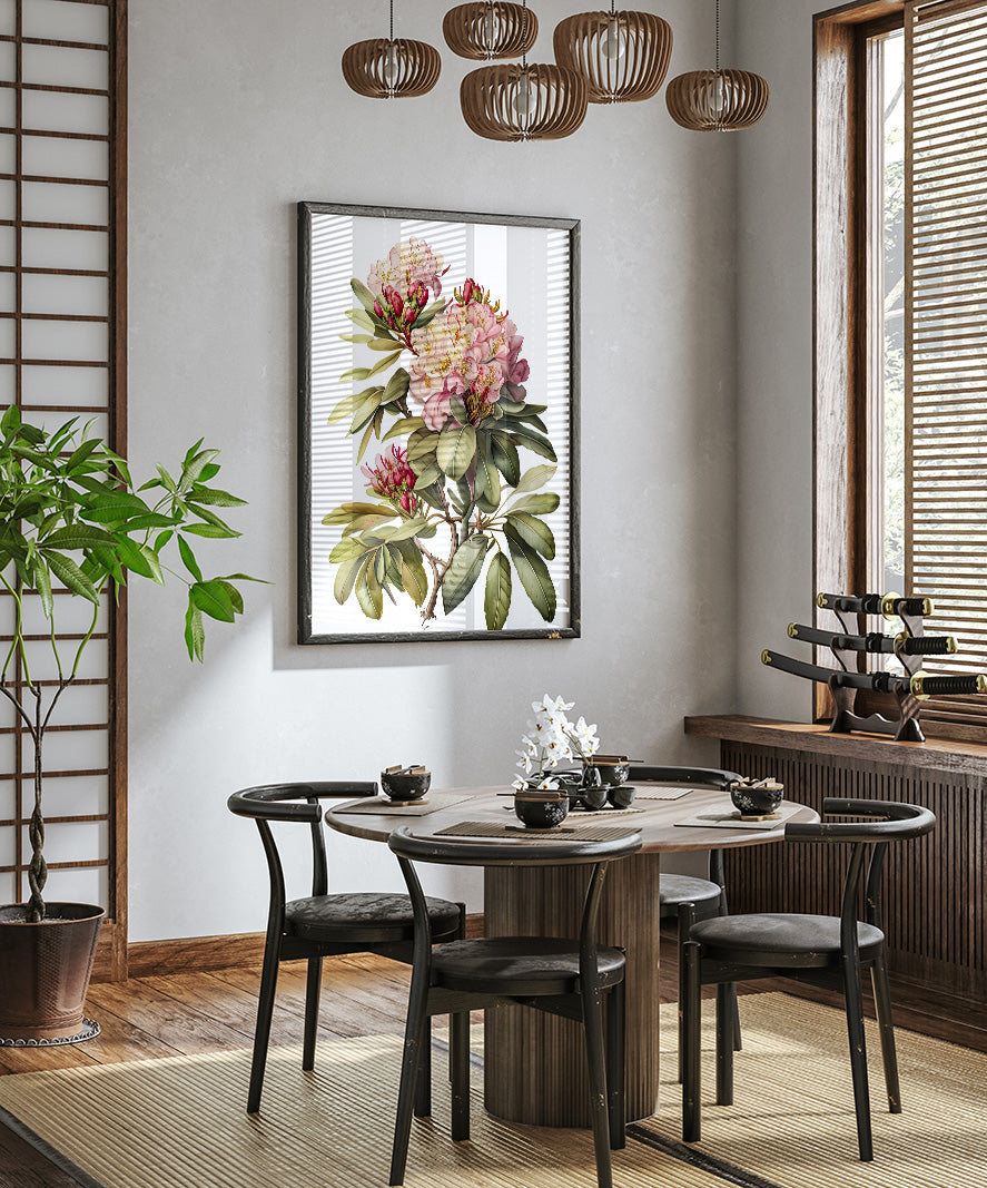 a modern dining room with a wooden table and chairs, a large floral painting on the wall, and a potted plant on the left side.
