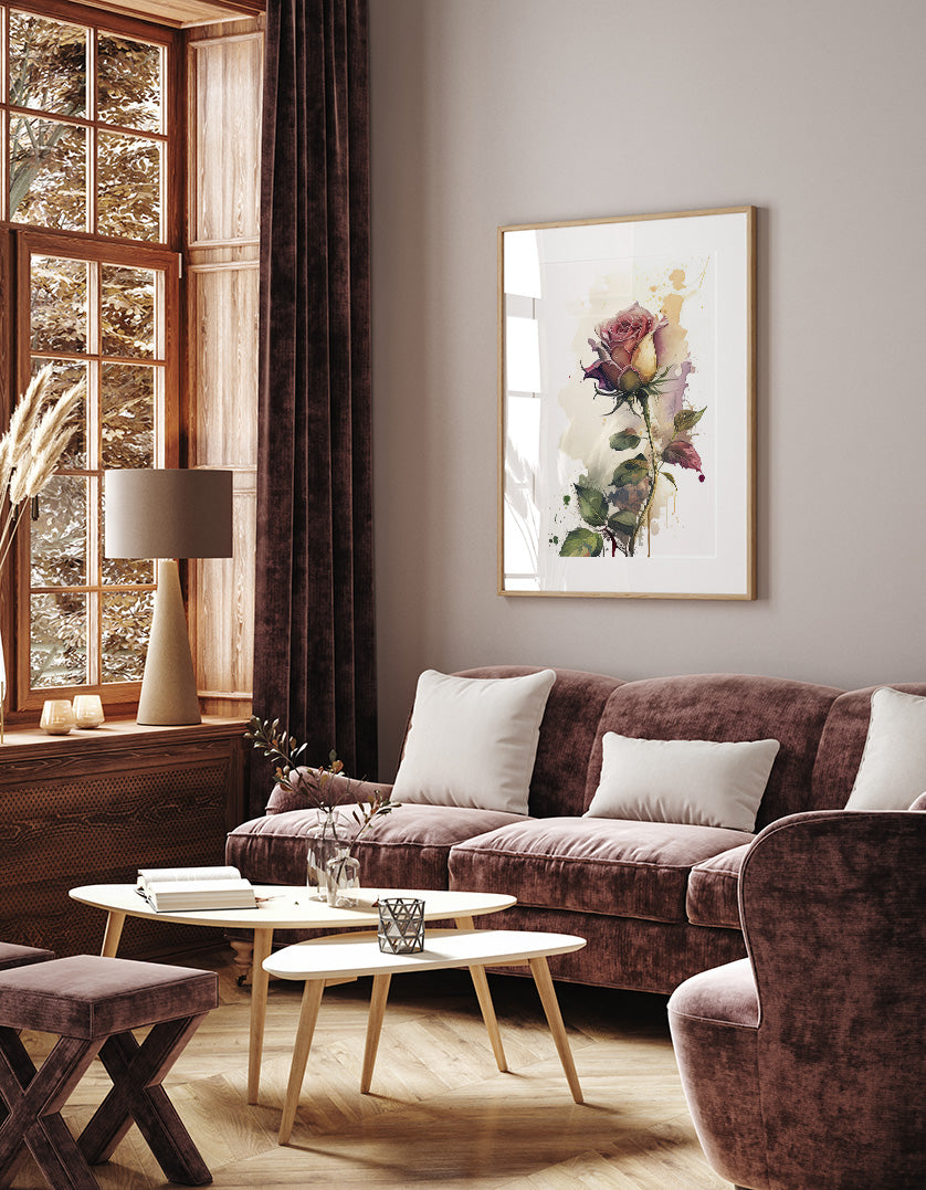 a cozy living room with a large window, a plush couch, a coffee table, and a framed painting of a flower on the wall.