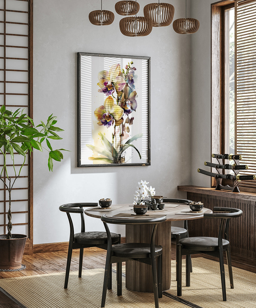 a modern dining room with a round wooden table surrounded by black chairs. A large painting of a flower hangs on the wall above the table, and a chandelier hangs from the ceiling. The room is decorated with various plants and other decorative elements, creating a cozy and inviting atmosphere.