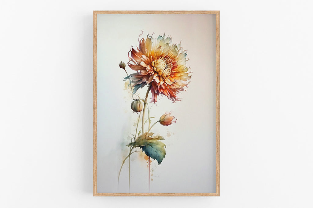 The image is a framed painting depicting a large, vibrant flower with multiple layers and colors.
