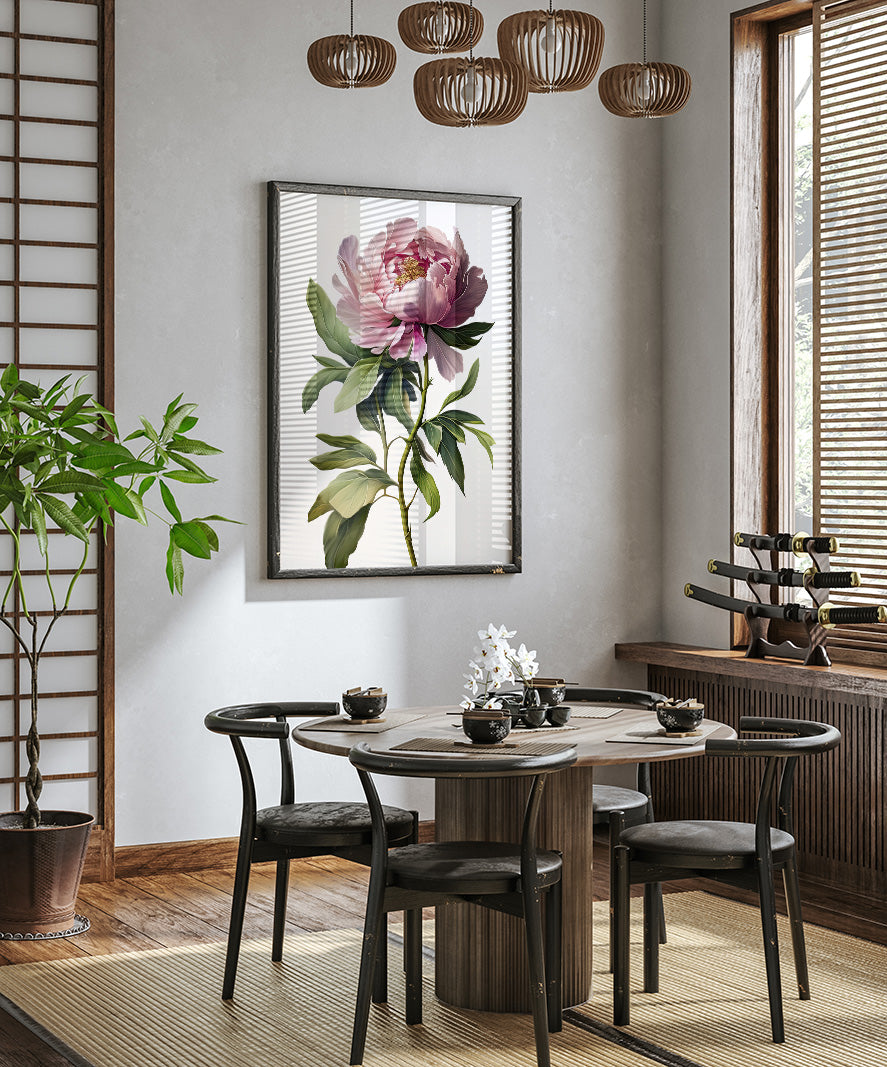 a modern dining room with a round wooden table, black chairs, and a large floral painting hanging on the wall above the table.