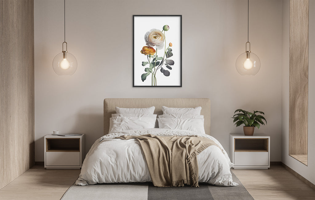 a serene and modern bedroom with a large bed, white bedding, and a framed print of a flower on the wall. The room is illuminated by two pendant lights hanging above the bed, creating a warm and inviting atmosphere.