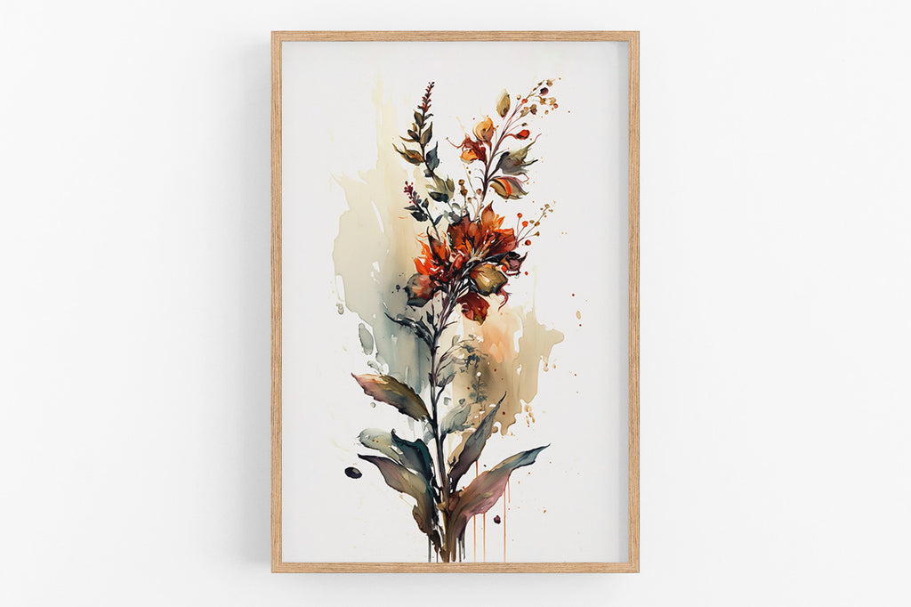 The image is a framed watercolor painting depicting a vibrant floral arrangement with a variety of colorful flowers and leaves.