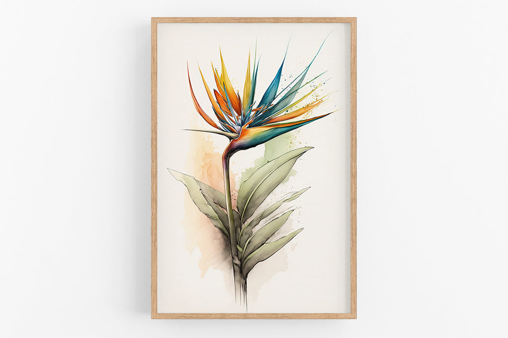 The image is a framed painting depicting a vibrant and colorful tropical flower with long, pointed petals in shades of orange, yellow, and blue.